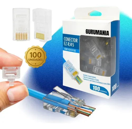 Conector RJ45 macho Cat5e vazado Gurumania, kit 100